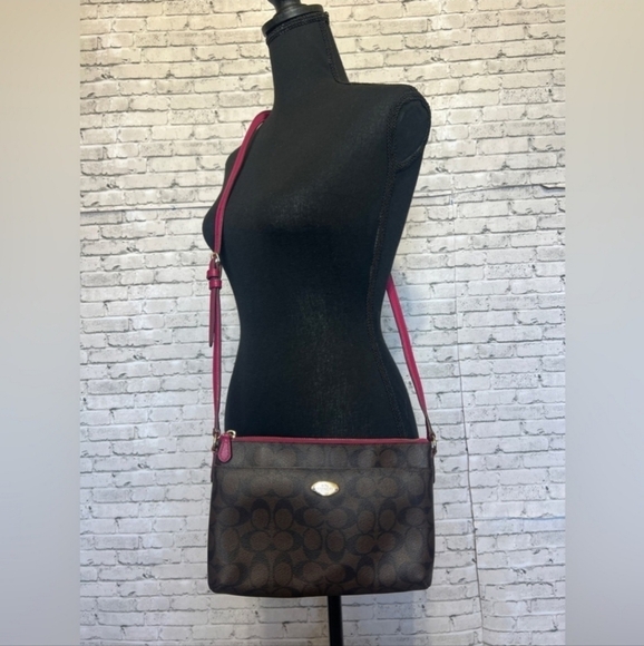 Coach Signature Crossbody Handbag Brown and Raspberry * - Picture 1 of 16